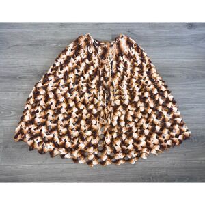 Crochet Knit Cover Up Poncho Shawl Brown Beige Tassel Boho Hippie Handmade